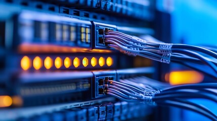 Aufkleber - Close-up view of network cables connected to a server rack, glowing orange lights illuminate the ports, showcasing intricate details of data center infrastructure. : Generative AI
