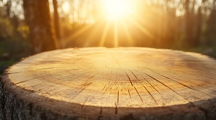 Poster - Golden sunlight illuminates a tree stump's textured surface, creating a warm, inviting atmosphere in a blurred forest background. : Generative AI