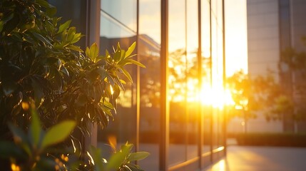 Aufkleber - Golden hour sunlight illuminates lush green foliage beside a modern glass building, creating a warm and vibrant scene. : Generative AI