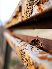 Aufkleber - Close-up view of heavily rusted metal beams, showing texture and decay.  The orange and brown hues of the rust contrast with the blurred background. : Generative AI