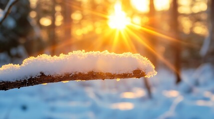 Poster - Snow-covered branch silhouetted against a vibrant sunset in a winter forest, showcasing the sun's rays filtering through the trees. : Generative AI