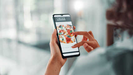 Poster - Business, hands and phone screen for food delivery order with menu option, online shopping and lunch break. Woman, space and scroll with smartphone for pizza app and brunch takeout choice in office