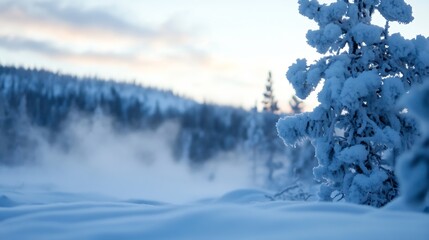 Poster - Close-up of a snow-covered pine tree branch, winter landscape with a softly blurred background of a snow-covered forest at sunrise, conveying serenity and tranquility. : Generative AI