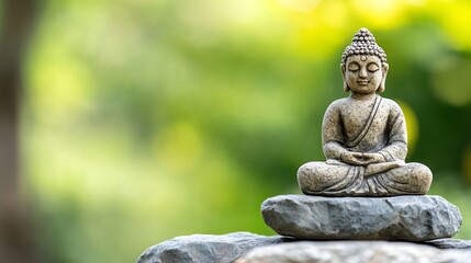 Aufkleber - Serene buddha statue meditates peacefully atop grey rocks, a tranquil scene against a blurred green nature backdrop. : Generative AI