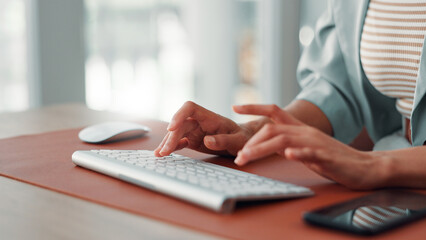 Aufkleber - Hands, keyboard and typing with woman in office, story draft or article writing at desk. Closeup, computer and copywriting, review writer or email feedback with female employee at publishing startup
