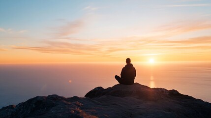 Aufkleber - Silhouette of a person sitting in lotus position on a cliff overlooking a serene ocean sunset, bathed in warm golden light. : Generative AI