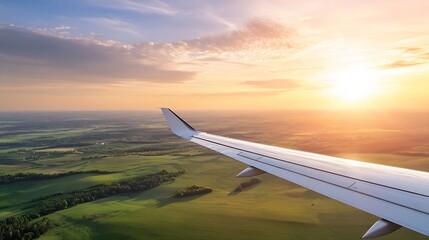 Poster - Airplane wing view over scenic landscape at sunset, golden hour light illuminating green fields and distant horizon.  Peaceful travel and aerial perspective. : Generative AI