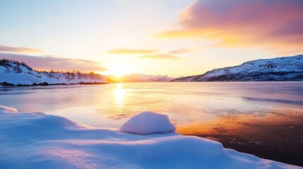 Poster - Serene winter sunset over a frozen lake, snow-covered shoreline, and majestic mountains in the distance, creating a breathtaking landscape. : Generative AI