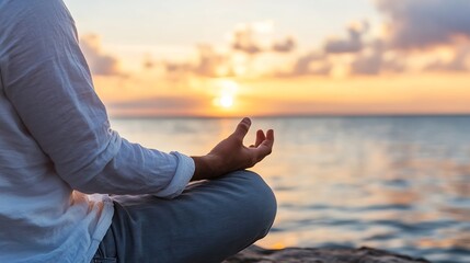 Poster - Man meditates in lotus position at sunset by the ocean, enjoying peaceful moment of serenity and mindfulness. : Generative AI