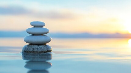 Poster - Serene sunset scene featuring a balanced stack of smooth, white stones resting on a darker stone, all afloat on calm, blue water. : Generative AI