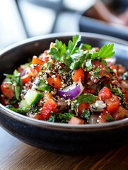 Poster - Close-up of a vibrant tomato, cucumber, and red onion salad, tossed with sesame seeds and fresh parsley, served in a dark bowl. : Generative AI