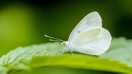 Poster - A delicate white butterfly rests gracefully on a vibrant green leaf, its wings gently folded, showcasing intricate details against a blurred natural background. : Generative AI