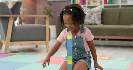 Poster - Building blocks, playing and kid on floor in home for cognitive development or creativity. Learning, living room and girl child with educational toys for fine motor skills or sensory in house.