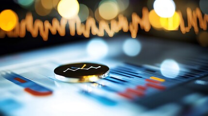 Leinwandbilder - Close-up of a golden coin displaying an upward trending graph, resting on a tablet showcasing financial charts and blurred city lights in the background. : Generative AI