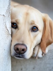 Poster - A pale yellow labrador retriever dog rests its head against a weathered concrete wall, its expressive brown eyes gazing intently at the viewer, conveying a sense of gentle sadness or c : Generative AI