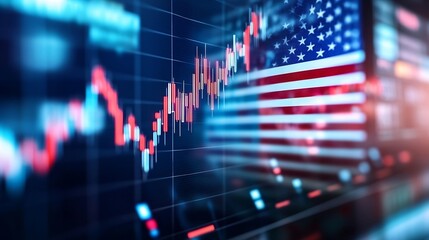 Leinwandbilder - US Stock Market Data Display: Candlestick Chart and American Flag Overlay, Showing Red and Blue Tonal Shifts in Financial Indicators. : Generative AI