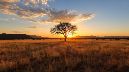 Poster - Silhouette of a lone tree in a golden savanna grassland at sunset, with distant mountains under a vibrant sky. : Generative AI