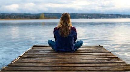 Poster - Woman meditates on a wooden dock overlooking a serene lake, enjoying the tranquil scenery and peaceful atmosphere.  The calm water reflects the cloudy sky. : Generative AI