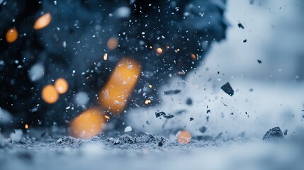 Poster - Abstract image of dark blue and orange sparks, embers, and particles flying through the air, impacting a snowy ground, creating a dynamic and energetic scene. : Generative AI