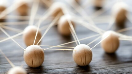 Leinwandbilder - Interconnected wooden spheres linked by thin strings, creating a network visual metaphor on a rustic wooden surface.  The image evokes concepts of connection, collaboration, and teamwo : Generative AI