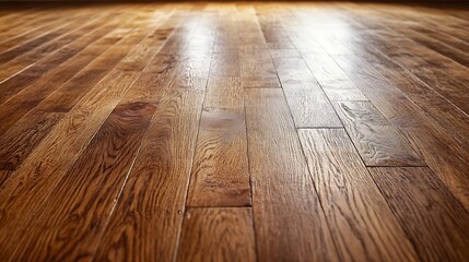 Leinwandbilder - Warm Brown Oak Wood Flooring Texture, Close-Up Perspective Shot Showing Natural Grain and Sheen. Ideal for Interior Design and Architectural Projects. : Generative AI