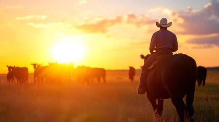 Poster - Silhouette of a cowboy riding a horse at sunset, cattle herd in the background, golden hour light illuminating the scene. : Generative AI