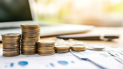 Leinwandbilder - Stacks of gold coins on financial documents, representing growth and investment, with a blurred laptop in the background suggesting financial planning and business success. : Generative AI