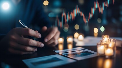 Fototapete - A businessman analyzes financial charts at night, illuminated by candlelight, a pen in his hand, reflecting on market trends and investment strategies. : Generative AI