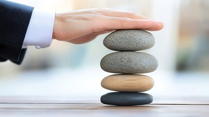Poster - A businessman's hand carefully balances four smooth stones, creating a zen-like stack on a wooden table, symbolizing stability and control. : Generative AI