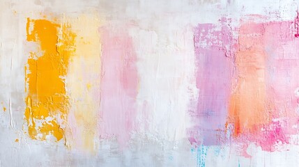 Fototapete - Abstract painting with textured strokes of yellow, pink, and peach hues on a white canvas, creating a vibrant and modern art piece. : Generative AI