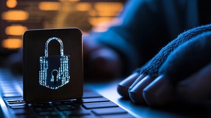 Leinwandbilder - Cybersecurity concept: a glowing padlock icon composed of digital code displayed on a laptop screen, with a gloved hand subtly interacting with the keyboard in a dimly lit setting. : Generative AI