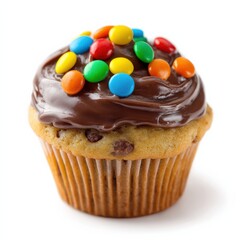 Poster - A delicious chocolate cupcake topped with colorful candy sprinkles and a rich chocolate ganache frosting, isolated on a white background.