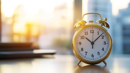 Aufkleber - A gold alarm clock sits on a desk, the sun shining through a nearby window, illuminating the scene with a warm, golden glow.  The clock's hands point to the time, suggesting a moment o : Generative AI
