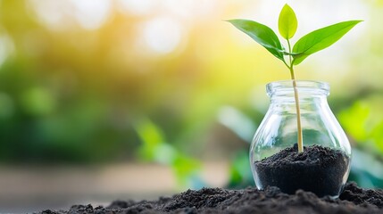 Poster - A small green sprout emerges from dark soil inside a clear glass jar, set against a blurred backdrop of sunlit greenery, symbolizing growth and new beginnings. : Generative AI