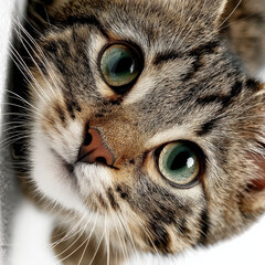 Poster - Close-up portrait of a curious tabby kitten, its green eyes wide and alert, peering from a slightly tilted angle, showcasing its soft fur and delicate whiskers.
