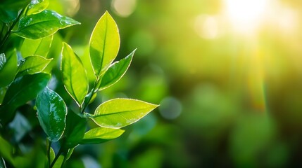 Aufkleber - Close-up of vibrant green leaves illuminated by sunlight, showcasing their intricate details and textures, creating a refreshing and natural scene. : Generative AI