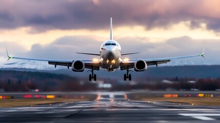 Aufkleber - Airplane landing on runway at sunset, dramatic sky, front view, low angle shot, commercial airliner, jet engines, wheels down, airport, travel, transportation. : Generative AI