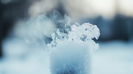 Aufkleber - Close-up of melting snow with ice crystals and subtle steam rising, creating a delicate winter scene with a soft, cool color palette. : Generative AI