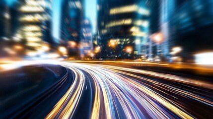 Poster - Night cityscape with dynamic light trails of speeding cars on a highway curving through modern buildings, creating a sense of urban energy and motion. : Generative AI