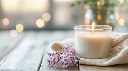 Poster - A lit candle in a glass jar sits on a wooden table, next to a sprig of delicate purple flowers and a cream-colored knitted sweater, creating a cozy and serene atmosphere. : Generative AI