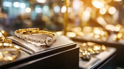 Aufkleber - Elegant gold bracelet adorned with sparkling diamonds, showcased in a luxurious jewelry display box.  The warm lighting enhances the brilliance of the gemstones. : Generative AI