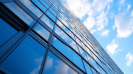Aufkleber - Modern skyscraper facade reflecting blue sky and clouds, showcasing a geometric pattern of glass windows and dark frames, creating an image of corporate success and urban architecture. : Generative AI