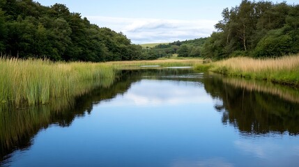 Poster - Serene river scene reflecting blue sky and lush green trees, tall grasses line the calm water's edge, creating a tranquil natural landscape. : Generative AI
