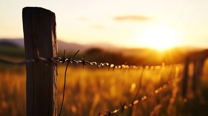Poster - Close-up view of barbed wire strung along a weathered wooden fence post at sunset, with a blurred golden field and distant mountains in the background. : Generative AI