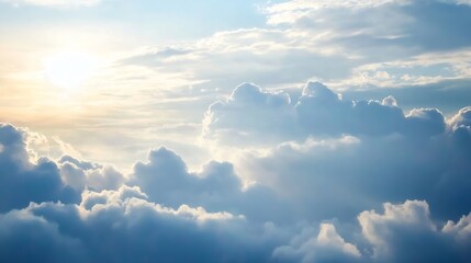 Aufkleber - Aerial view of fluffy cumulus clouds illuminated by the sun, showcasing a serene and peaceful sky with soft light and shadows. : Generative AI