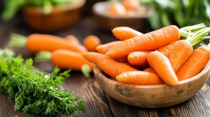 Aufkleber - Fresh organic carrots in a wooden bowl, close-up view showing vibrant orange color and green tops.  Healthy, nutritious vegetables on a rustic wooden table. : Generative AI
