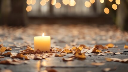 Poster - A single, lit candle rests on a ground covered with fallen autumn leaves, bokeh lights softly illuminate the background. : Generative AI