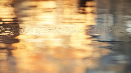 Poster - Abstract golden and grey water reflections at sunset, showing blurred city lights and building silhouettes in a tranquil, dreamy atmosphere. : Generative AI