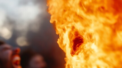 Leinwandbilder - Fiery orange and yellow flames engulfing the frame, intense heat and energy depicted, blurred background suggests a crowd witnessing the spectacle. : Generative AI