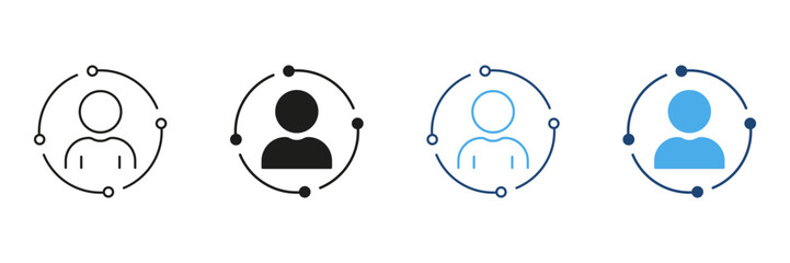 Poster - User Profile With Orbiting Connections Line And Solid Icon Set. Social Networking, Community Engagement, And Online Interaction Symbol Collection. Isolated Vector Illustration